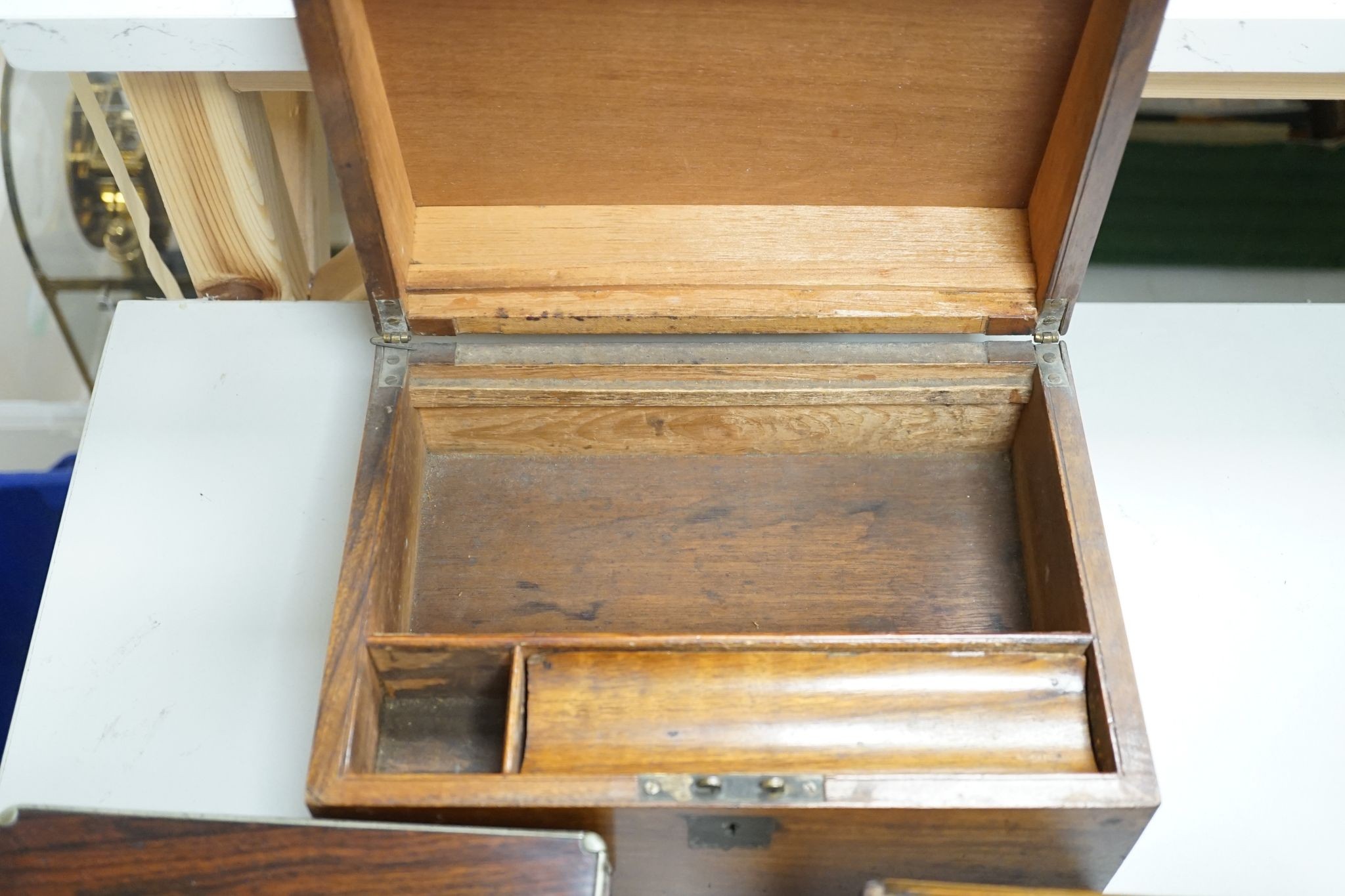 Two Victorian tea caddies, writing slope and an Edwardian inlaid tea tray, 56.5cm